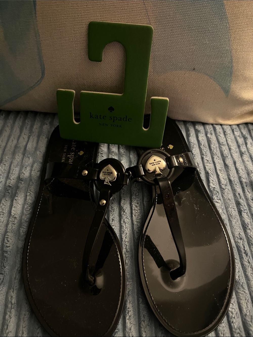 kate spade Black Patent Jelly Thong Sandals with Spade Medallions